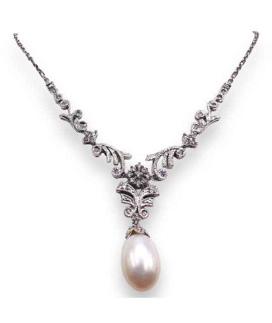 Pearl Diamond Necklace 14K Solid White Gold