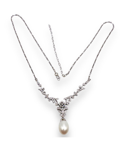 Pearl Diamond Necklace 14K Solid White Gold