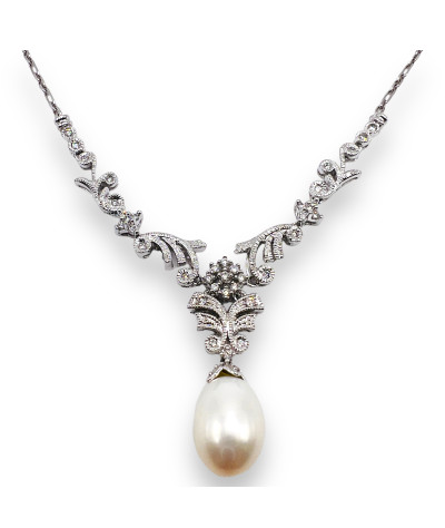 Pearl Diamond Necklace 14K Solid White Gold