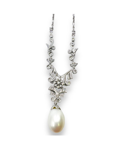 Pearl Diamond Necklace 14K Solid White Gold