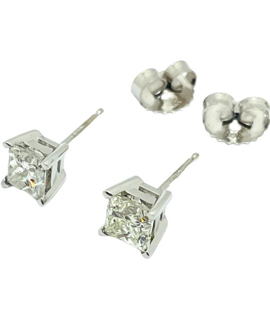 Diamond Stud Earrings Princess Cut 14k White Gold