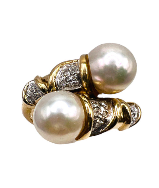 Cultured Pearls Diamond Ring 14k Gold - Size 6 - Vintage