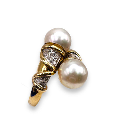 Cultured Pearls Diamond Ring 14k Gold - Size 6 - Vintage