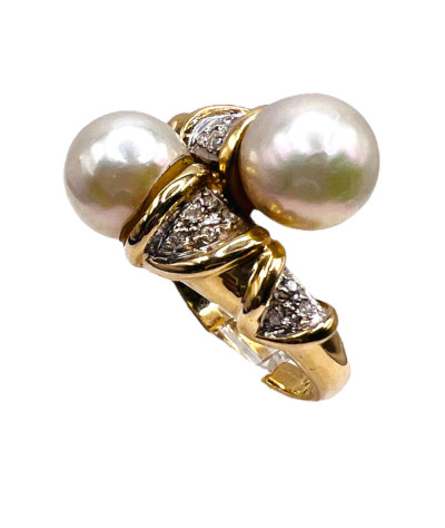 Cultured Pearls Diamond Ring 14k Gold - Size 6 - Vintage