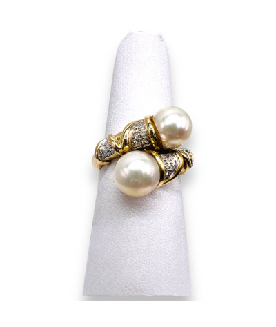 Cultured Pearls Diamond Ring 14k Gold - Size 6 - Vintage