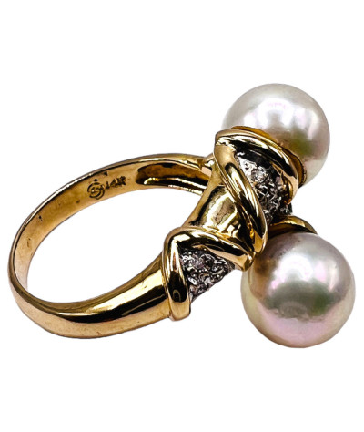 Cultured Pearls Diamond Ring 14k Gold - Size 6 - Vintage