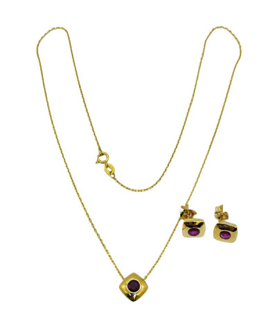 Red Ruby Pendant Necklace Set with Earrings 14k Gold