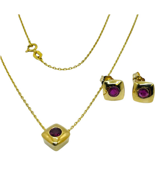 Red Ruby Pendant Necklace Set with Earrings 14k Gold