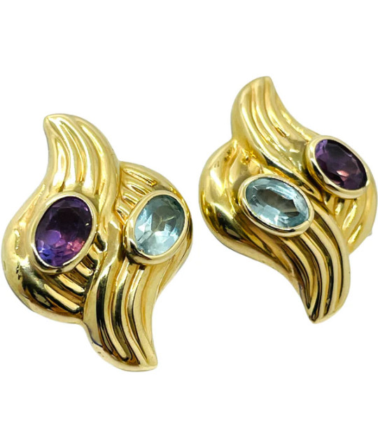 Amethyst Blue Topaz Stud Earrings 14k Gold