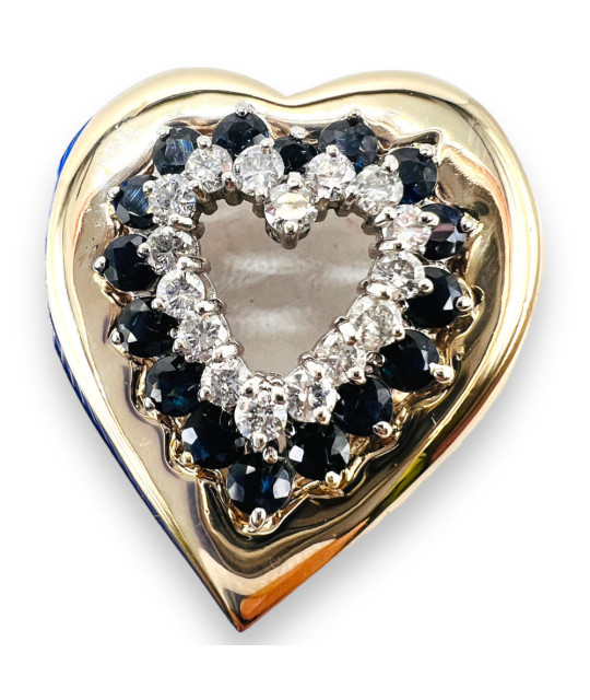 Diamond Sapphire Heart Pendant 14k White & Yellow Gold