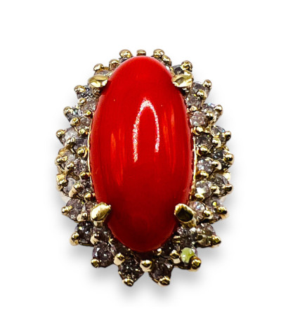 Diamond & Red Coral Band Ring 14k Gold size 6