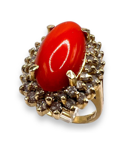 Diamond & Red Coral Band Ring 14k Gold size 6