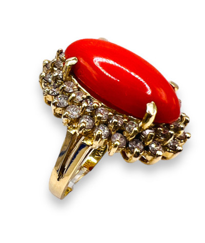 Diamond & Red Coral Band Ring 14k Gold size 6