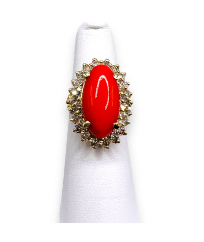 Diamond & Red Coral Band Ring 14k Gold size 6