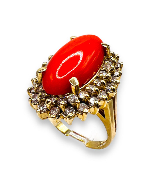 Diamond & Red Coral Band Ring 14k Gold size 6