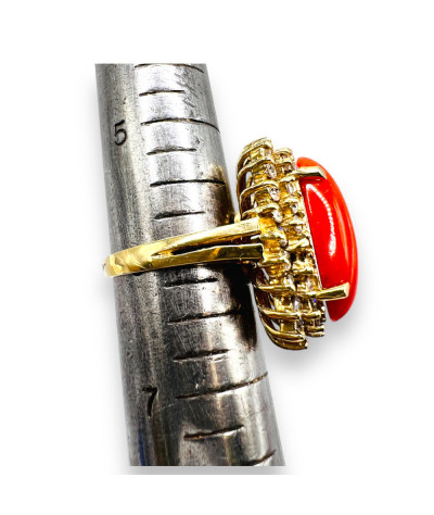 Diamond & Red Coral Band Ring 14k Gold size 6