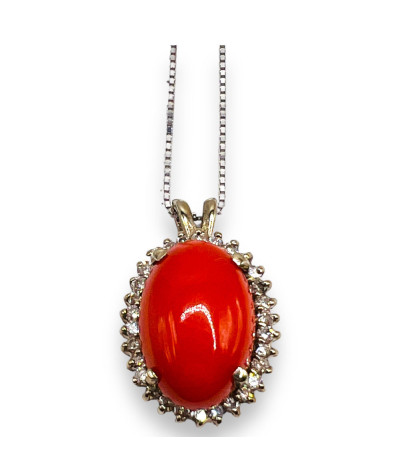 Diamond Red Coral Pendant Necklace14k White Gold - Made in Italy