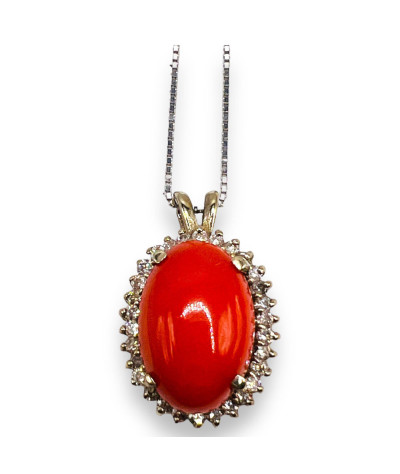 Diamond Red Coral Pendant Necklace14k White Gold - Made in Italy