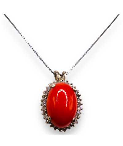 Diamond Red Coral Pendant Necklace14k White Gold - Made in Italy