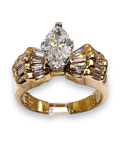 Gold Marquis Baquette Diamond Engagement Ring