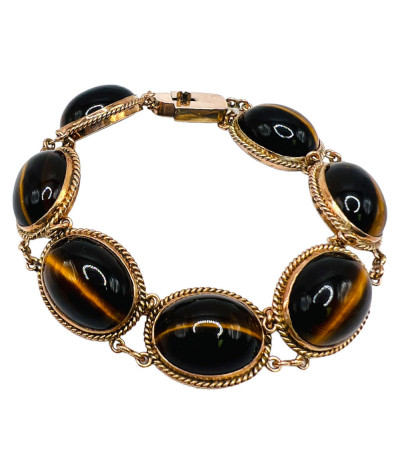 Tiger Eye Bracelet 14k Gold Links 1960 Vintage