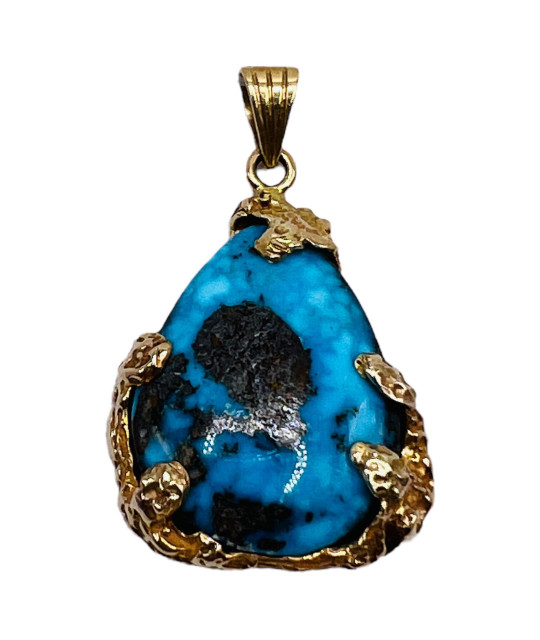 Persian Blue Turquoise Nugget Pendant 14k Gold