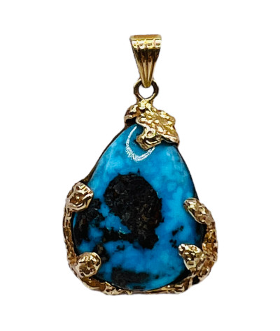 Persian Blue Turquoise Nugget Pendant 14k Gold