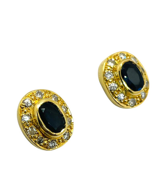 Blue Sapphire & Diamonds Oval Stud Earrings 14k gold