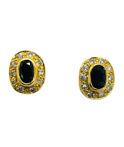 Blue Sapphire & Diamonds Oval Stud Earrings 14k gold