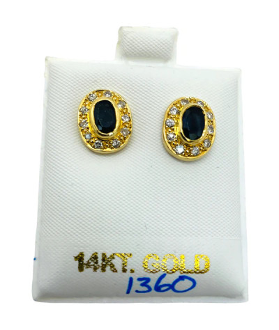 Blue Sapphire & Diamonds Oval Stud Earrings 14k gold