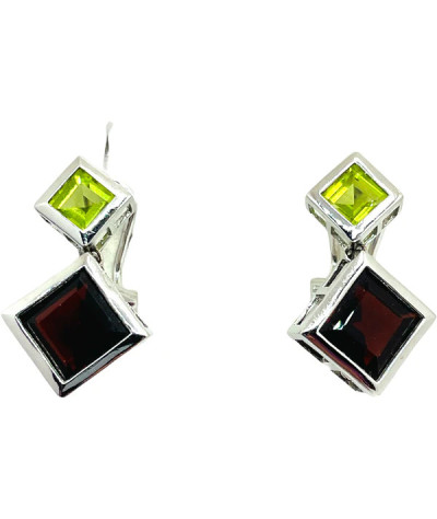 Garnet & Peridot Dangle Earrings 18k White Gold