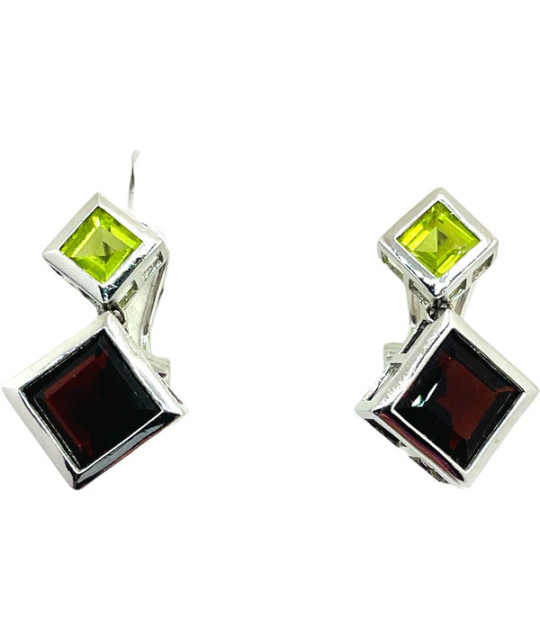 Garnet & Peridot Dangle Earrings 18k White Gold