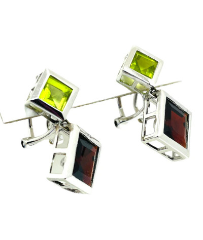 Garnet & Peridot Dangle Earrings 18k White Gold