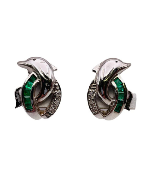 Emerald Diamond Dolphin Earrings 14k White Gold