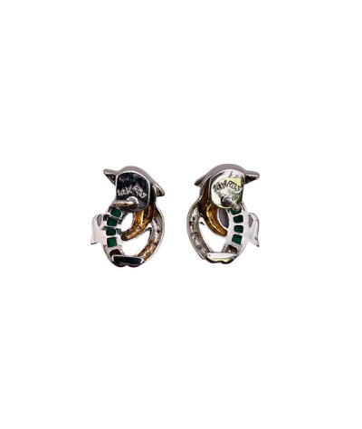 Emerald Diamond Dolphin Earrings 14k White Gold