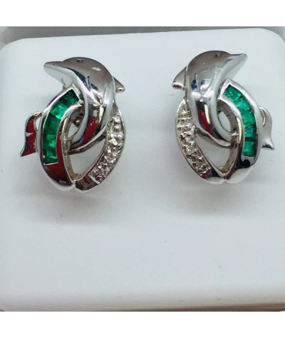 Emerald Diamond Dolphin Earrings 14k White Gold