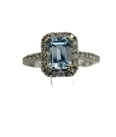 14k White Gold Ring Aquamarine & Diamonds size 7.5