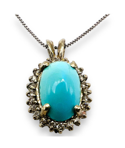 Persian Turquoise Halo Diamond Pendant Necklace 14k White Gold