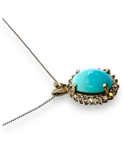 Persian Turquoise Halo Diamond Pendant Necklace 14k White Gold