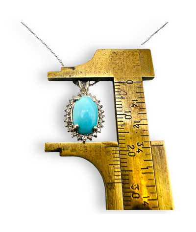 Persian Turquoise Halo Diamond Pendant Necklace 14k White Gold