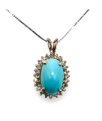 Persian Turquoise Halo Diamond Pendant Necklace 14k White Gold