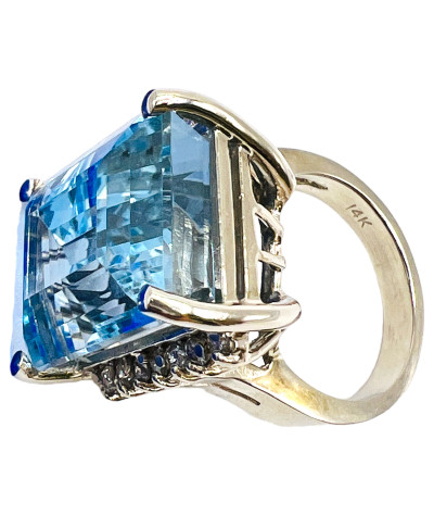 Blue Topaz Diamond Ring 14k White Gold - size 6