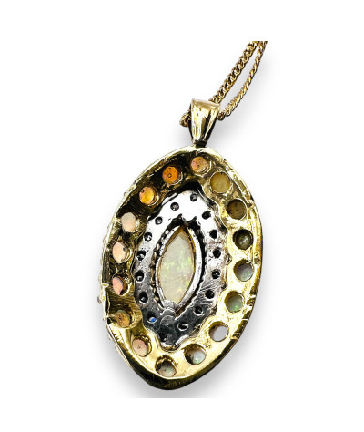 Vintage Diamond Opal Pendant Necklace 14k White-Yellow Gold