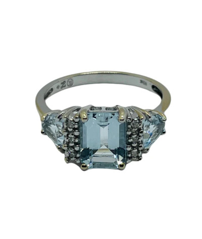 Diamonds & Blue Aquamarine Ring 10k Solid White Gold