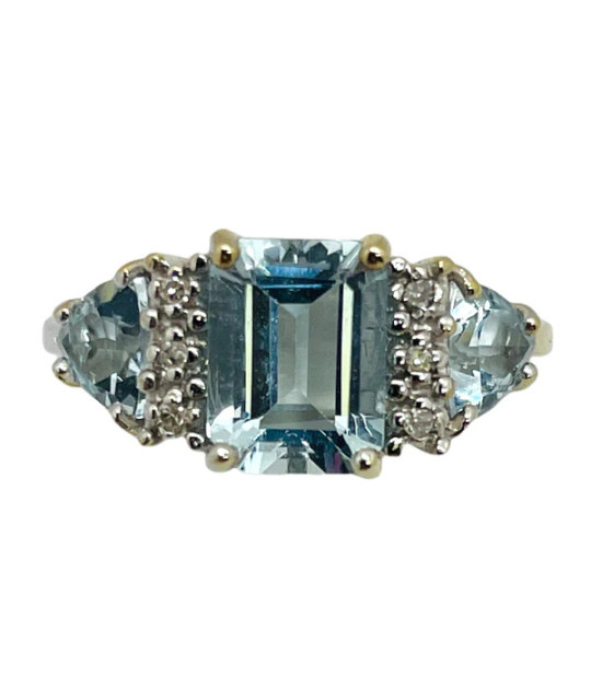 Diamonds & Blue Aquamarine Ring 10k Solid White Gold