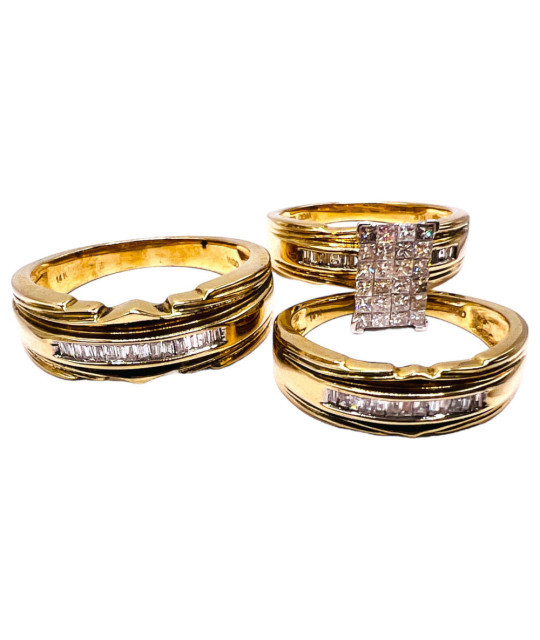 Trio Set Diamond Wedding Rings 14k Gold