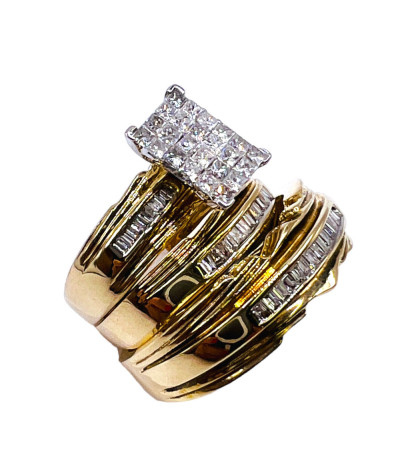 Trio Set Diamond Wedding Rings 14k Gold