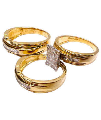 Trio Set Diamond Wedding Rings 14k Gold