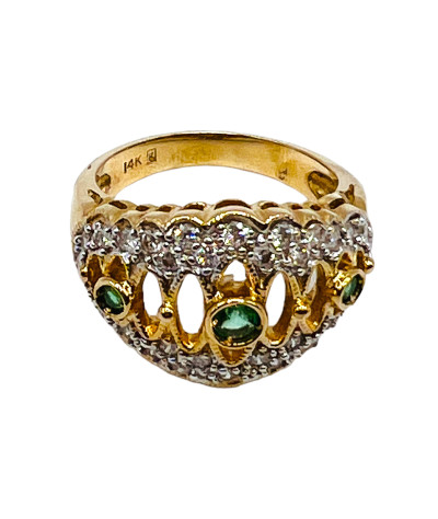 Emerald Diamond Band Ring 14k Gold - Vintage